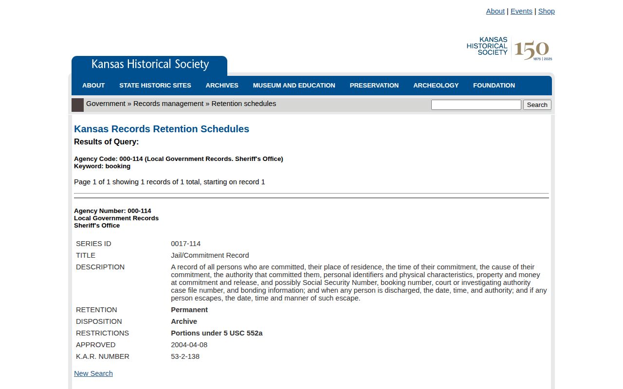Woodson County jail booking record retention schedule