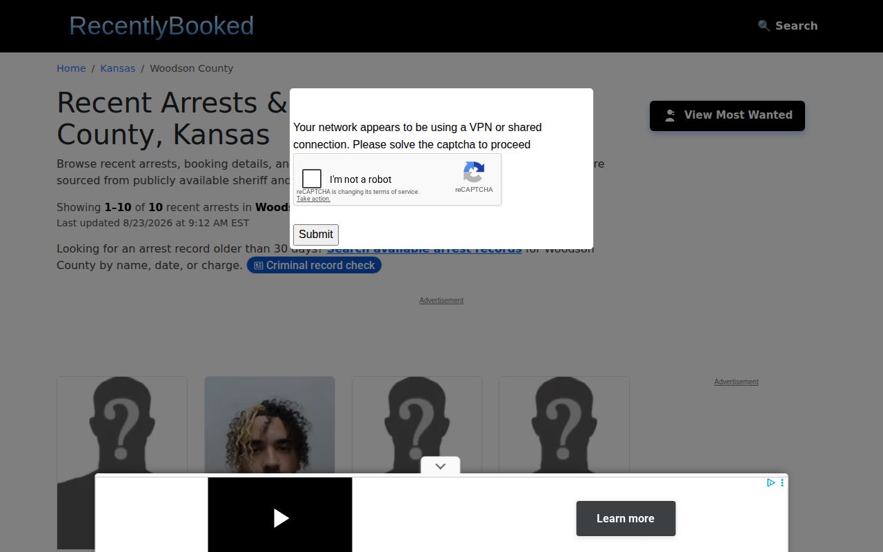 Unofficial Woodson County arrest news and mugshot listing interface