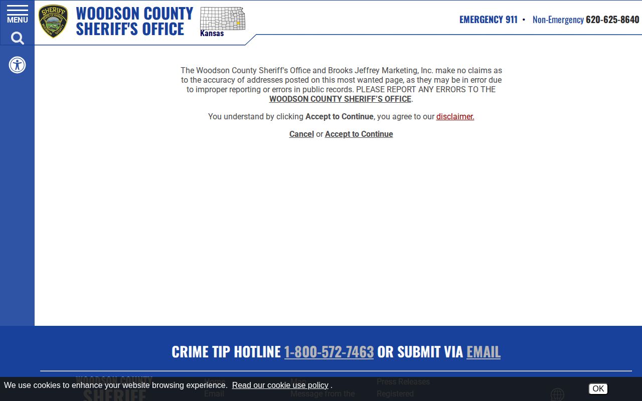 Woodson County wanted fugitives disclaimer and record accuracy notice